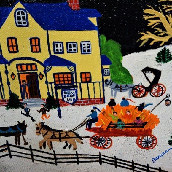 Folk Art Painting Naive Primitive Americana Vintage Art Naif Signed On Canvas - Picture 7 of 11